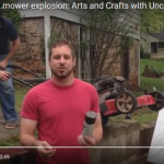 だって芸術は爆発だから…。ペイント缶を芝刈り機で破壊アート。